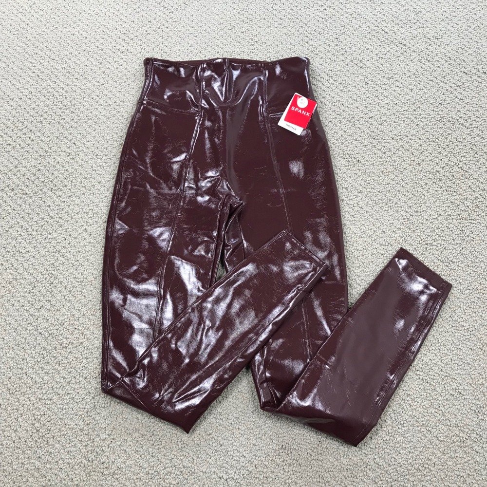 Spanx Faux Patent Leather Leggings Tall Medium Dark Cherry Burgundy High Waist